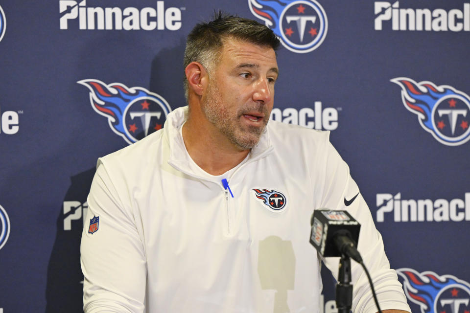 Tennessee Titans head coach Mike Vrabel speaks with the media after the team's loss to the Cleveland Browns in an NFL football game, Sunday, Sept. 24, 2023, in Cleveland. (AP Photo/David Richard)