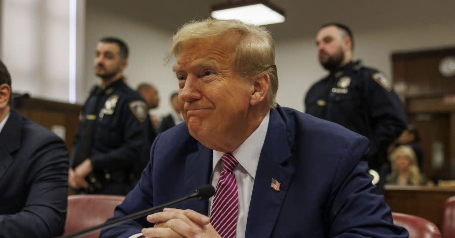 Former resident Donald Trump sits at the defendant's table at his criminal trial as jury selection continues at Manhattan Criminal Court on April 19, 2024 in New York City. Trump was charged with 34 counts of falsifying business records last year, which prosecutors say was an effort to hide a potential sex scandal, both before and after the 2016 presidential election. Trump is first former U.S. president to face trial on criminal charges. (Photo by Sarah Yenesel - Pool/Getty Images)