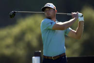 Sam Burns tees off on the ninth hole during the second round of the Genesis Invitational golf tournament at Riviera Country Club, Friday, Feb. 19, 2021, in the Pacific Palisades area of Los Angeles. (AP Photo/Ryan Kang)
