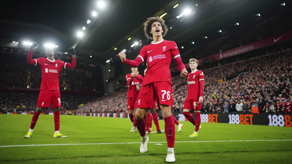 Jayden Danns celebrates after scoring his second goal at Anfield on Wednesday. - Jon Super/AP