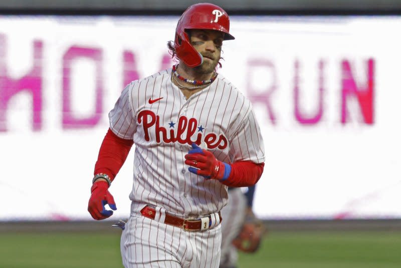 Philadelphia Phillies first baseman Bryce Harper went 3 for 4 with six RBIs in a win over the Cincinnati Reds on Tuesday in Philadelphia. File Photo by Laurence Kesterson/UPI