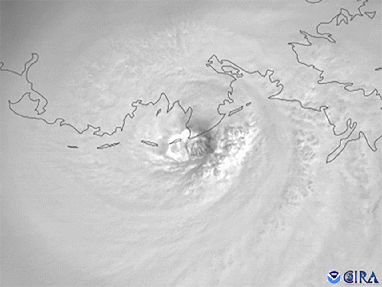 This satellite image provided by the National Oceanic and Atmospheric Administration and captured by NOAA's GOES-16 shows Hurricane Ida making landfall near Port Fourchon, La. on Sunday, Aug. 29, 2021.