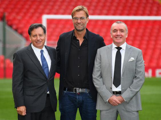 Ian Ayre (right) with Tom Werner and Jurgen Klopp (Getty)