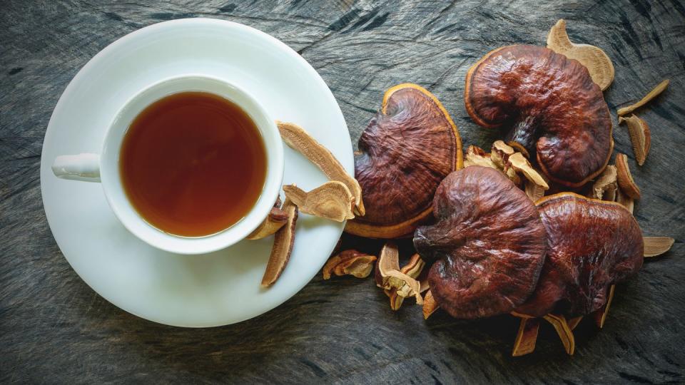 cup of reishi tea and fresh lingzhi mushroom