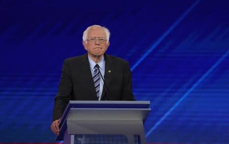 Senator Bernie Sanders reacts during the 2020 Democratic U.S. presidential debate in Houston