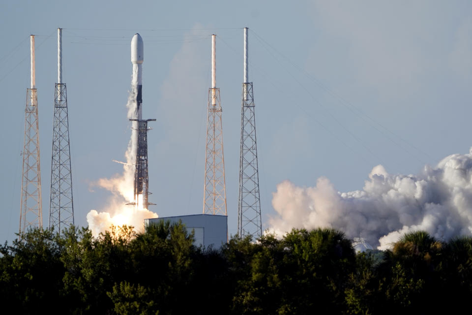 A SpaceX Falcon 9 rocket, with the Korea Pathfinder Lunar Orbiter, or KPLO, lifts off from launch complex 40 at the Cape Canaveral Space Force Station in Cape Canaveral, Fla., Thursday, Aug. 4, 2022. South Korea joined the stampede to the moon Thursday with the launch of a lunar orbiter that will scout out future landing spots. (AP Photo/John Raoux)