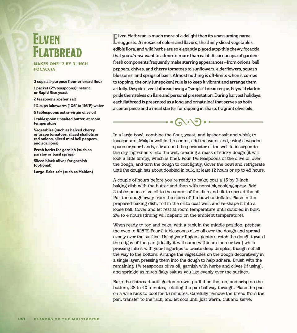 Elven flatbread recipe from Heroes’ Feast Flavors of the Multiverse, by Kyle Newman, Jon Peterson, Michael Witwer, and Sam Witwer (TM & © 2023 Wizards of the Coast LLC)