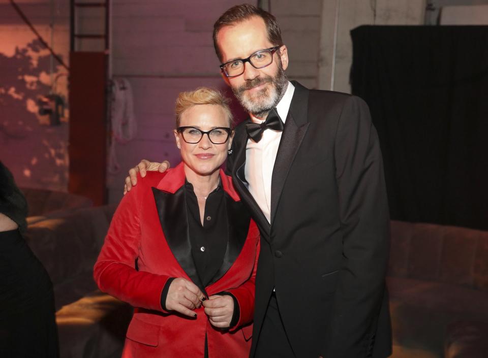 Patricia Arquette hits up the after-party with her boyfriend Eric White. Don't worry, there was <a href="https://people.com/tv/sag-awards-2020-patricia-arquette-jokes-about-hitting-joey-king-with-her-golden-globe-im-a-method-actor/" rel="nofollow noopener" target="_blank" data-ylk="slk:no viking hat in sight;elm:context_link;itc:0;sec:content-canvas" class="link ">no viking hat in sight</a>. 