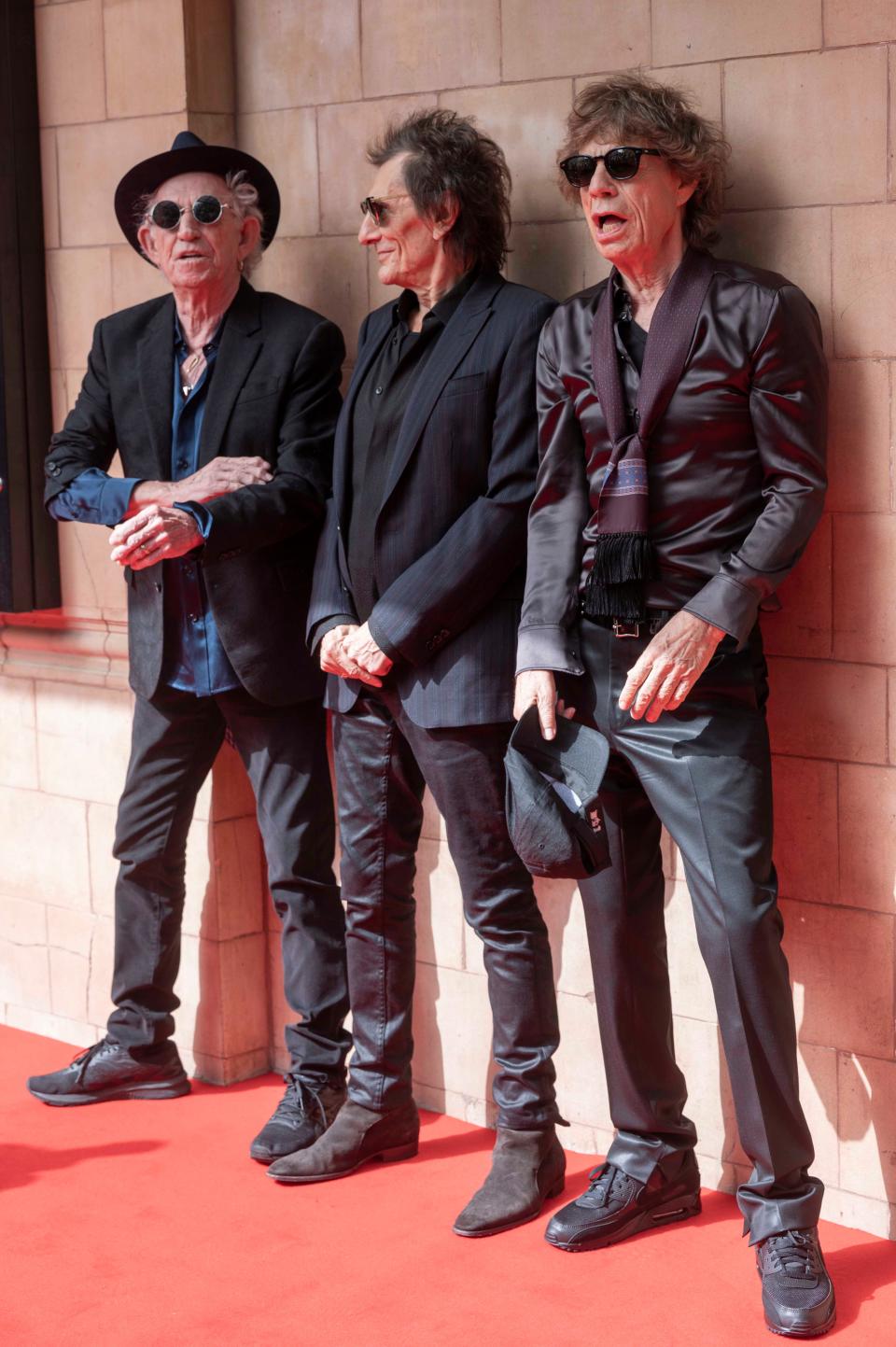 Keith Richards, Ronnie Wood and Mick Jagger arrive at the Rolling Stones "Hackney Diamonds" launch event at Hackney Empire on Sept. 6, 2023, in London.