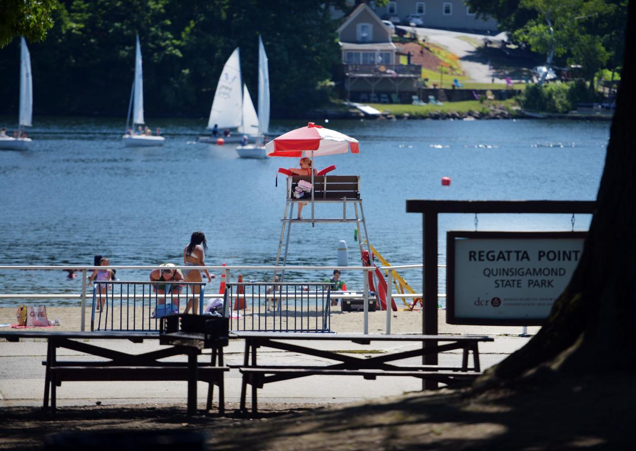 Regatta Point beach on Lake Quinsigamond fills up in this 2021 file photo.