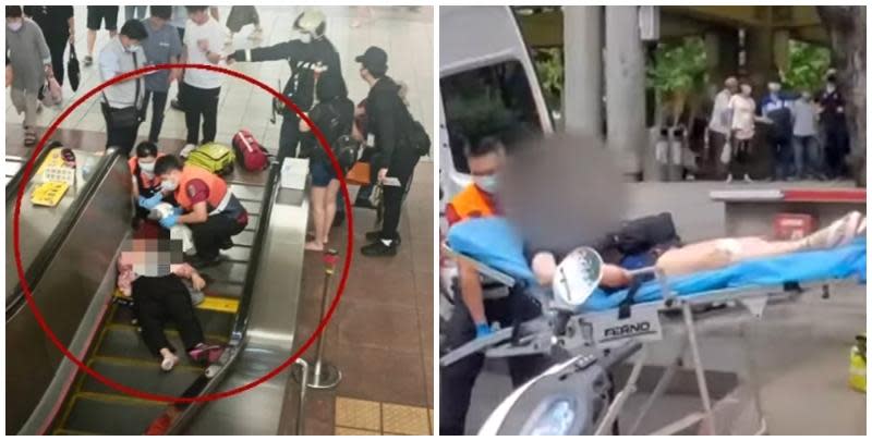 台灣台北市萬華龍山寺捷運站發生意外，一名84歲老翁搭手扶梯期間突身體不適往前跌，直接壓到4名香港遊客，眾人通通跌落地面，其中84歲婦人和女兒雙雙流血送院，幸沒生命危險。(TVBS電視畫面)