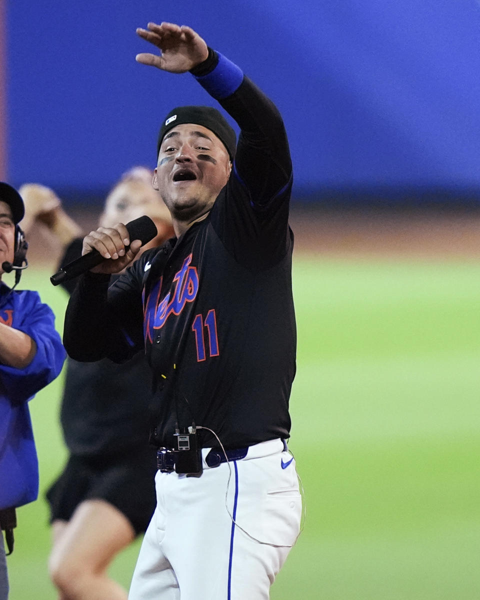 New York Mets' Jose Iglesias performs after a baseball game between the Mets and the Houston Astros, Friday, June 28, 2024, in New York. The Mets won 7-2. (AP Photo/Frank Franklin II)