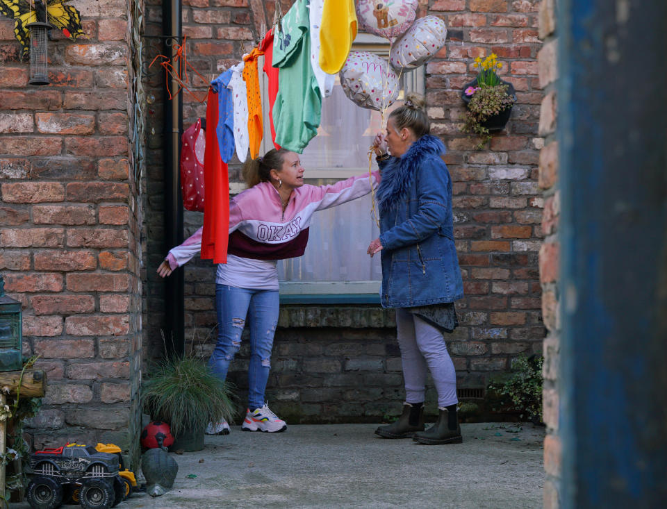 As the babies continue to cry, a panic stricken Gemma Winter [DOLLY-ROSE CAMPBELL] tries to break the door down. Arriving with Motherâs Day balloons, Bernie Winterâs [JANE HAZLEGROVE] shocked to find Gemma in such a distressed state.  (ITV Plc)