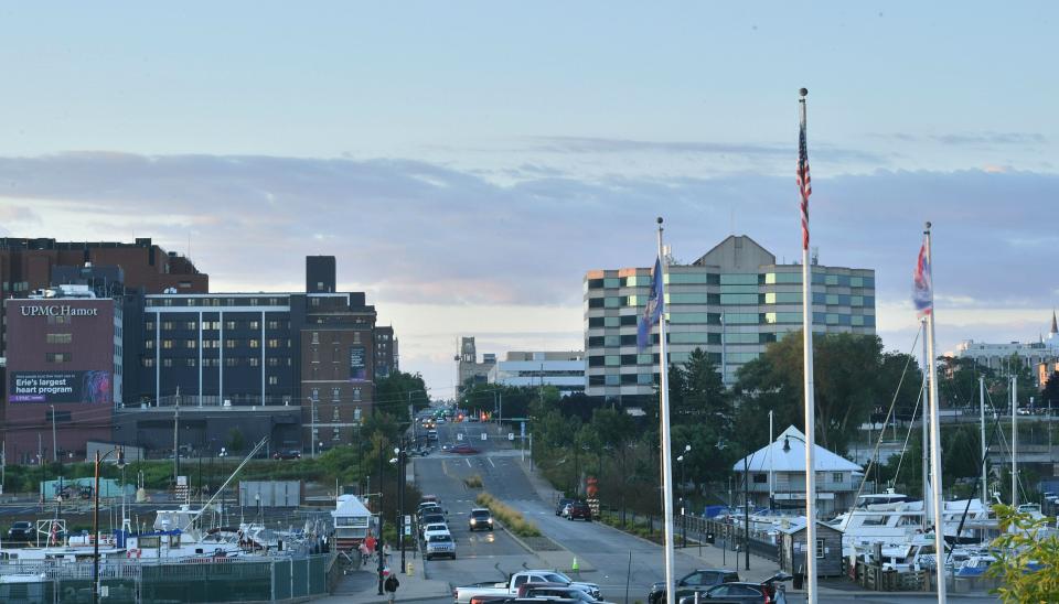 The skyline of downtown Erie is shown, Aug. 18, 2020, looking south on State Street from Dobbins Landing.