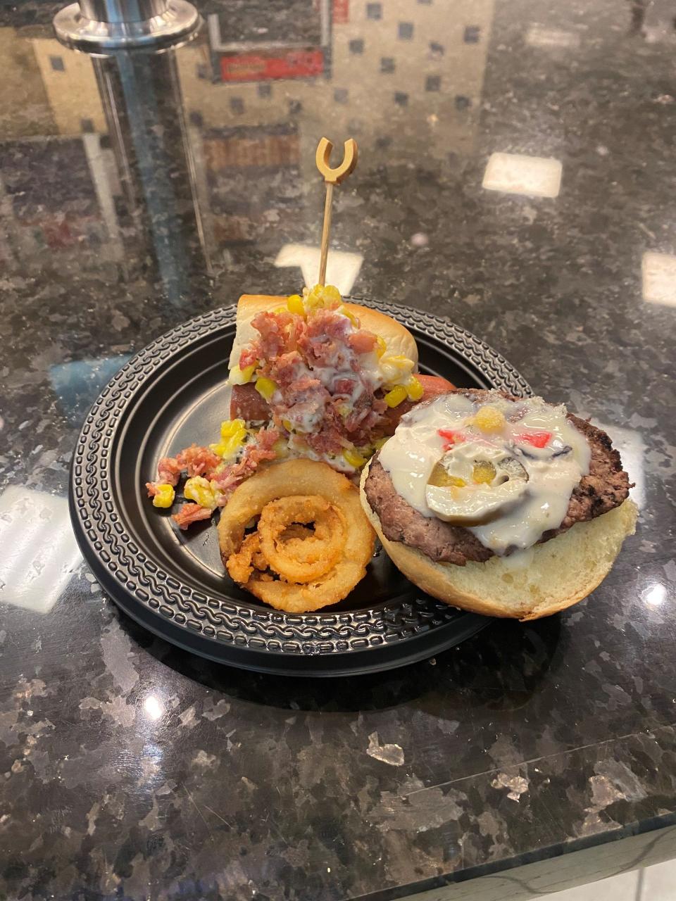 Loaded burger and dogs, available at Lucas Oil Stadium in 2023.