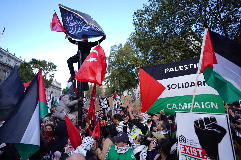 Protesters during a March for Palestine in London. Picture date: Saturday October 14, 2023. (Photo by James Manning/PA Images via Getty Images)