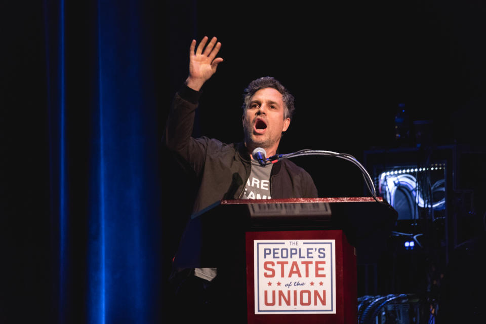 “The one silver lining in Trump is that we have created the mother of all movements,” actor Mark Ruffalo proclaimed at the Town Hall theater in New York City on Jan. 29, 2018. (Photo: Cheriss May/NurPhoto)