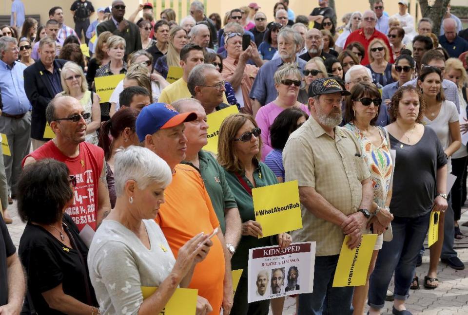 FILE -- In this March 5, 2016 file photo, supporters gather during a rally for Robert Levinson, a former FBI agent who disappeared in Iran nine years ago while on a CIA mission, at the Center for the Arts in Coral Springs, Fla. It’s been 10 years since former FBI agent Robert Levinson disappeared while in Iran on an unauthorized CIA mission and his family is still waiting for answers. His family tells The Associated Press they hope the new administration of President Donald Trump will do more to find him. (Mike Stocker/South Florida Sun-Sentinel via AP, File) MAGS OUT; MANDATORY CREDIT