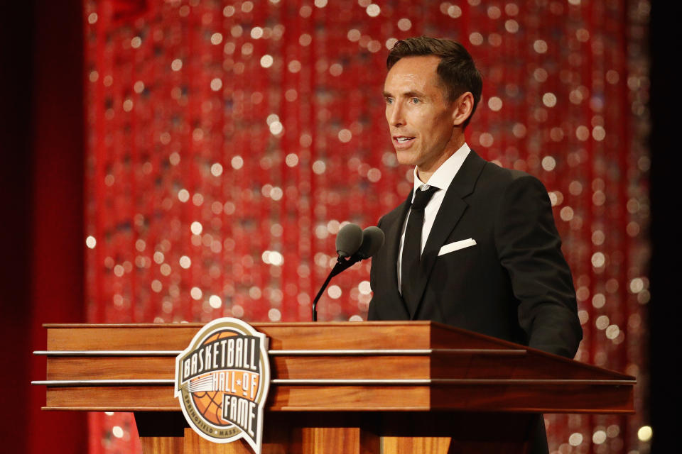 SPRINGFIELD, MA - SEPTEMBER 07:  Naismith Memorial Basketball Hall of Fame Class of 2018 enshrinee Steve Nash speaks during the 2018 Basketball Hall of Fame Enshrinement Ceremony at Symphony Hall on September 7, 2018 in Springfield, Massachusetts.  (Photo by Maddie Meyer/Getty Images)