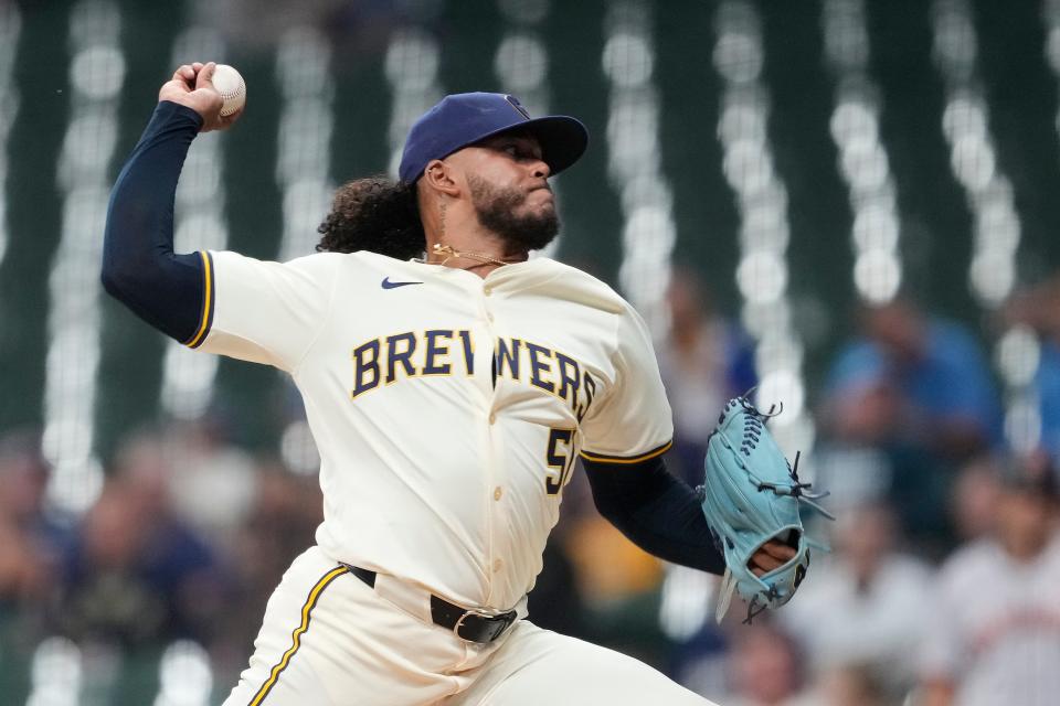 MILWAUKEE, WISCONSIN – AUGUST 28: Freddy Peralta #51 of the Milwaukee Brewers throws in the first inning against the San Francisco Giants at American Family Field on August 28, 2024 in Milwaukee, Wisconsin. (Photo by Patrick McDermott/Getty Images)