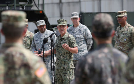 U.S. Pacific Command Commander Adm. Harry Harris Jr. answers a reporter's question during a press conference at Osan Air Base in Pyeongtaek, South Korea August 22, 2017. REUTERS/Lee Jin-man/Pool