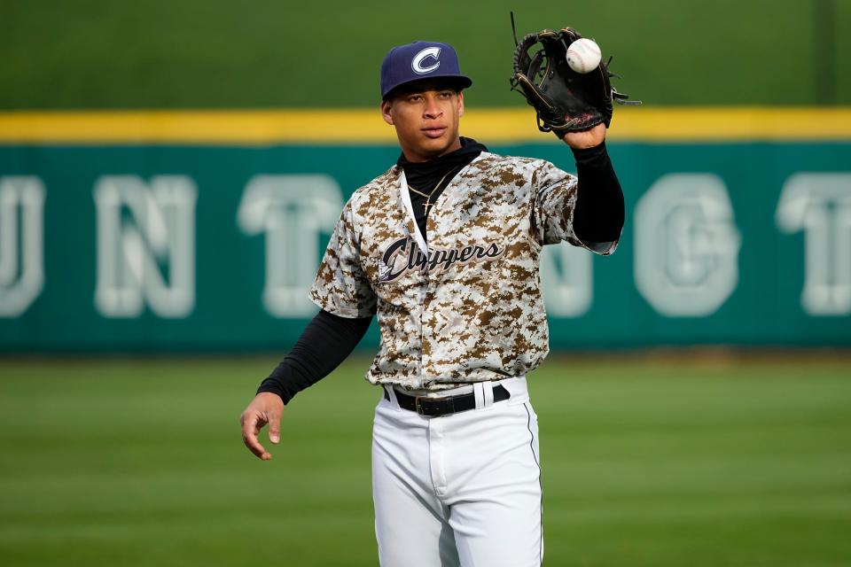 Apr 3, 2024; Columbus, OH, USA; Columbus Clippers third baseman Juan Brito (24) warms up prior to the Opening Day game against the Omaha Storm Chasers at Huntington Park.
