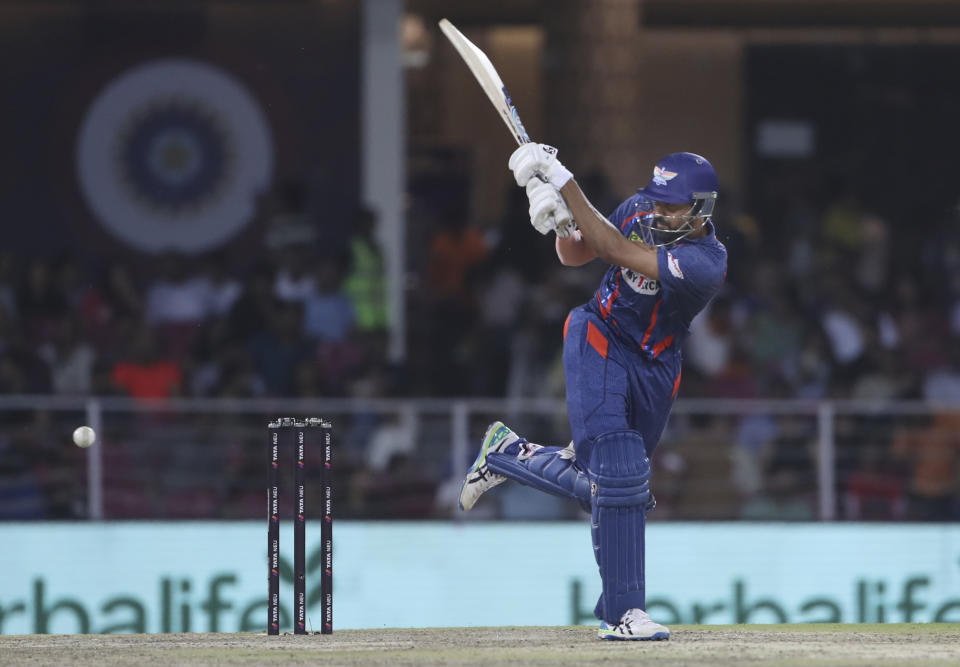 Krunal Pandya of Lucknow Super Giants plays a shot during the Indian Premier League cricket match between Lucknow Super Giants and Sunrisers Hyderabad, in Lucknow, India, Friday, April 7, 2023. (AP Photo/Surjeet Yadav)