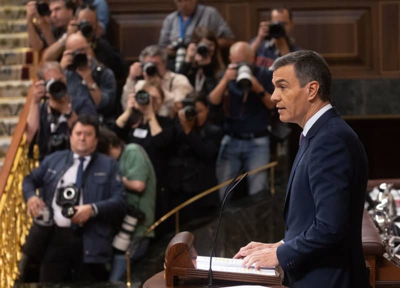 Spanish Prime Minister Pedro Sanchez speaks during a plenary session, at the Congress of Deputies. Spain has announced the recognition of Palestine as a state. Eduardo Parra/EUROPA PRESS/dpa