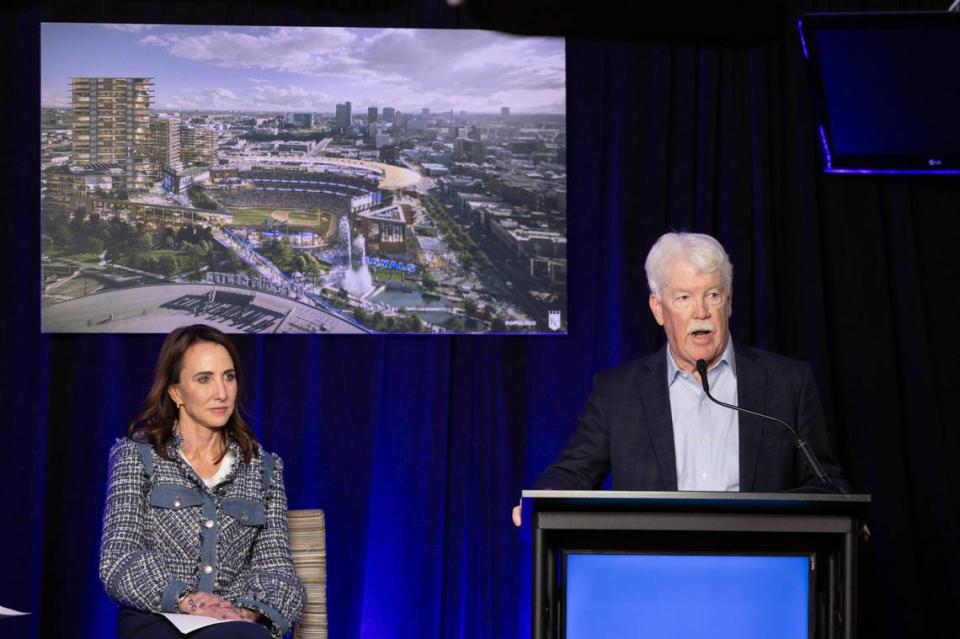 Kansas City Royals chairman and CEO John Sherman speaks during a press conference at Kauffman Stadium on Tuesday where the team announced their intentions to build a new ballpark in downtown Kansas City. The team hopes to have a complete ballpark ready for opening day in 2028. Royals executive vice president Sarah Tourville sits to Sherman’s left.