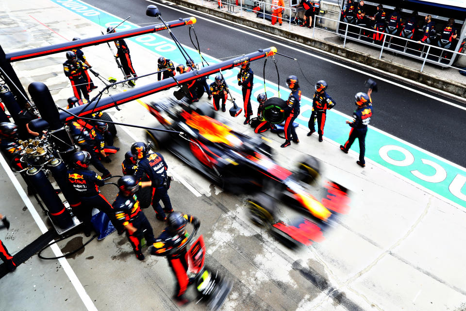 BUDAPEST, HUNGARY - JULY 19: Max Verstappen of the Netherlands driving the (33) Aston Martin Red Bull Racing RB16 makes a pitstop for new tyres during the Formula One Grand Prix of Hungary at Hungaroring on July 19, 2020 in Budapest, Hungary. (Photo by Getty Images/Getty Images)