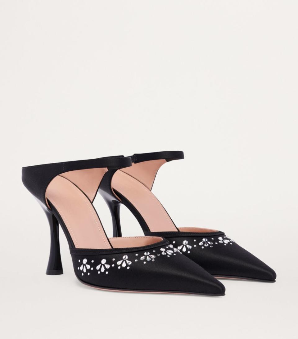 Malone Souliers, Tabitha Simmons. black, satin, mule, crystal, collaboration