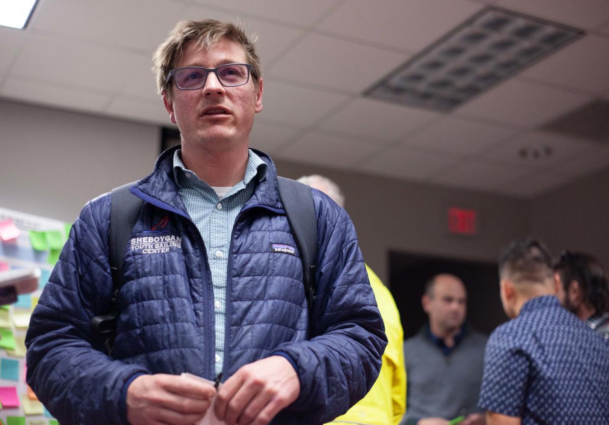 Jake Den Boer of Sheboygan Youth Sailing Center shared some of his thoughts at the Sheboygan waterfront and marina revitalization public meeting, as seen, Tuesday, April 30 in Sheboygan, Wis.