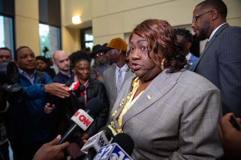 Angela English, Rankin County NAACP president, speaks during a press conference after the 'Goon Squad' sentencing at the Rankin County Circuit Court in Brandon on Wednesday.