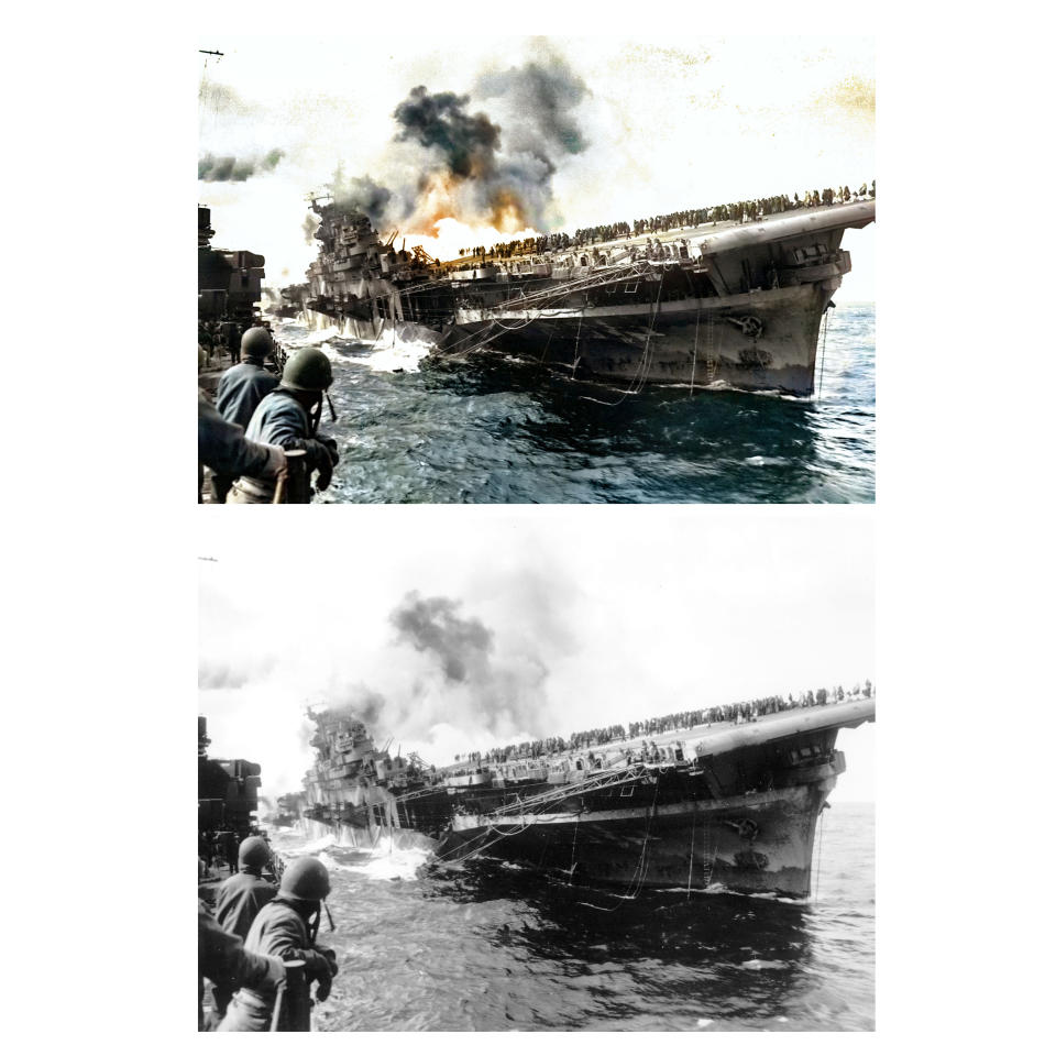 This photo combination shows digital colorization, top, by Anju Niwata and Hidenori Watanave, and its original black and white U.S. Navy photo that the heavily listing USS Franklin, center, is provided assistance by USS Santa Fe after the aircraft carrier had been hit and set afire by a single Japanese dive bomber, during the Okinawa invasion, on March 19, 1945. Niwata and Watanave are adding color to pre-war and wartime photographs using a combination of methods. These include AI technologies, but also traditional methods to fill the gaps in automated coloring. These include going door to door interviewing survivors who track back childhood memories, and communicating on social media to gather information from a wider audience. The team has brought to life more than a thousand black-and-white photographs that illustrate the pre-war lives of ordinary people and chronicles the onset and destruction caused by World War II. (U.S. Navy/Anju Niwata & Hidenori Watanave via AP)