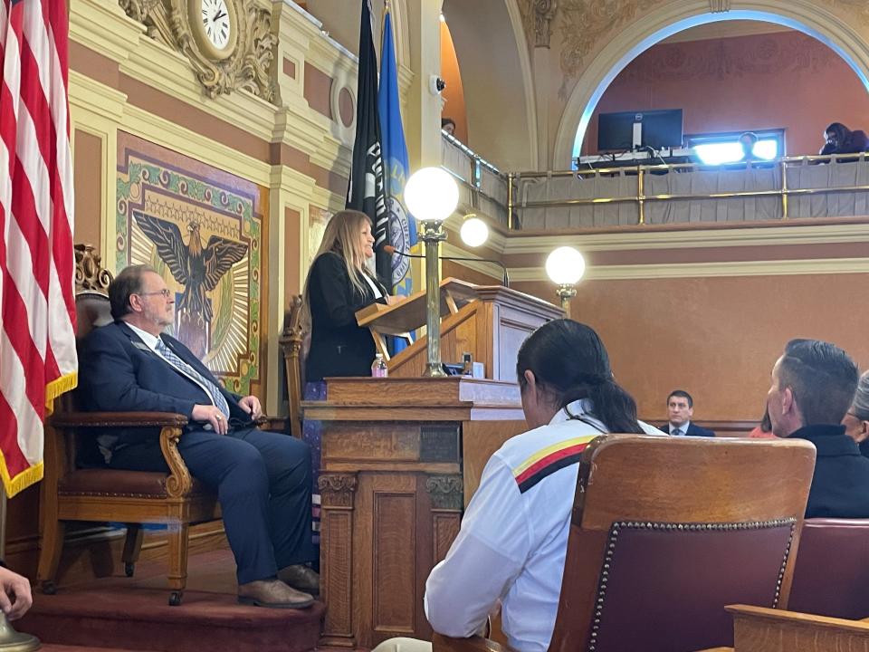 Cyndi Allen-Weddell, vice president of the Flandreau Santee Sioux Tribe, delivers the 2024 State of the Tribes address.