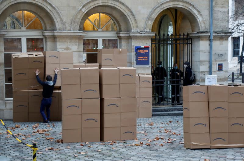 French activists demonstrate against Amazon in Paris