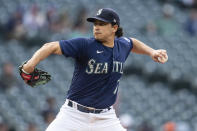 Seattle Mariners starter Marco Gonzales delivers a pitch during the first inning of a baseball game against the Oakland Athletics, Monday, May 23, 2022, in Seattle. (AP Photo/Stephen Brashear)