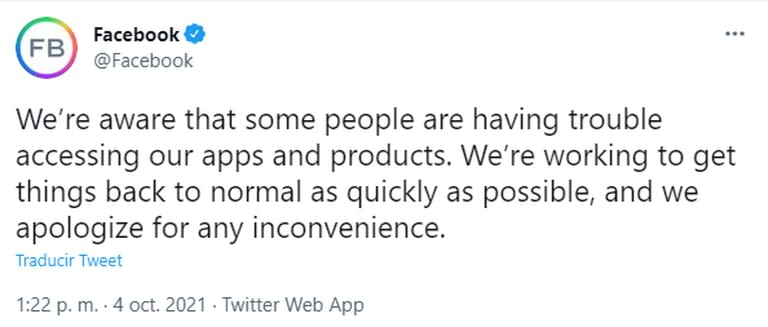 Facebook tuvo que usar Twitter para comunicarse con sus usuarios y reconocer que estaban experimentando la caída del servicio