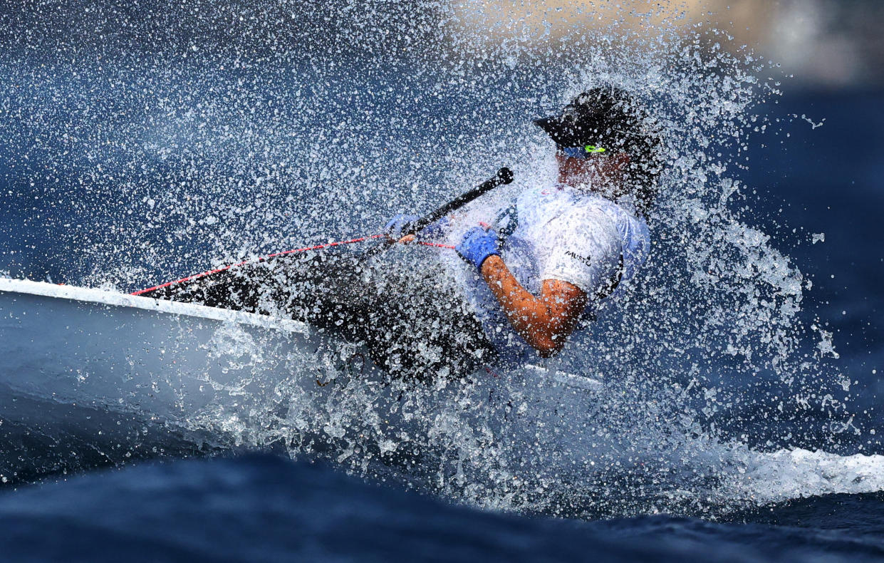 An athlete from Peru during dinghy training at Marseille Marina on July 30, 2024. (Andrew Boyers/Reuters)