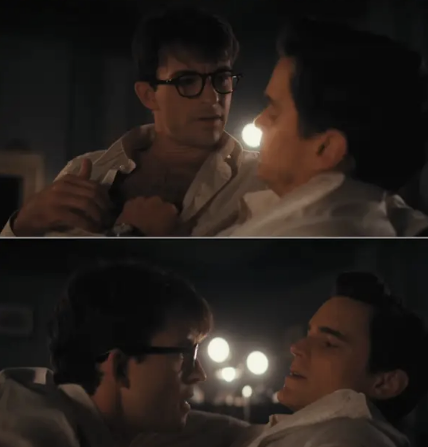 Top and bottom image: Matt Bomer and Jonathan Bailey are in an intimate scene, both wearing partially unbuttoned shirts and looking at each other closely