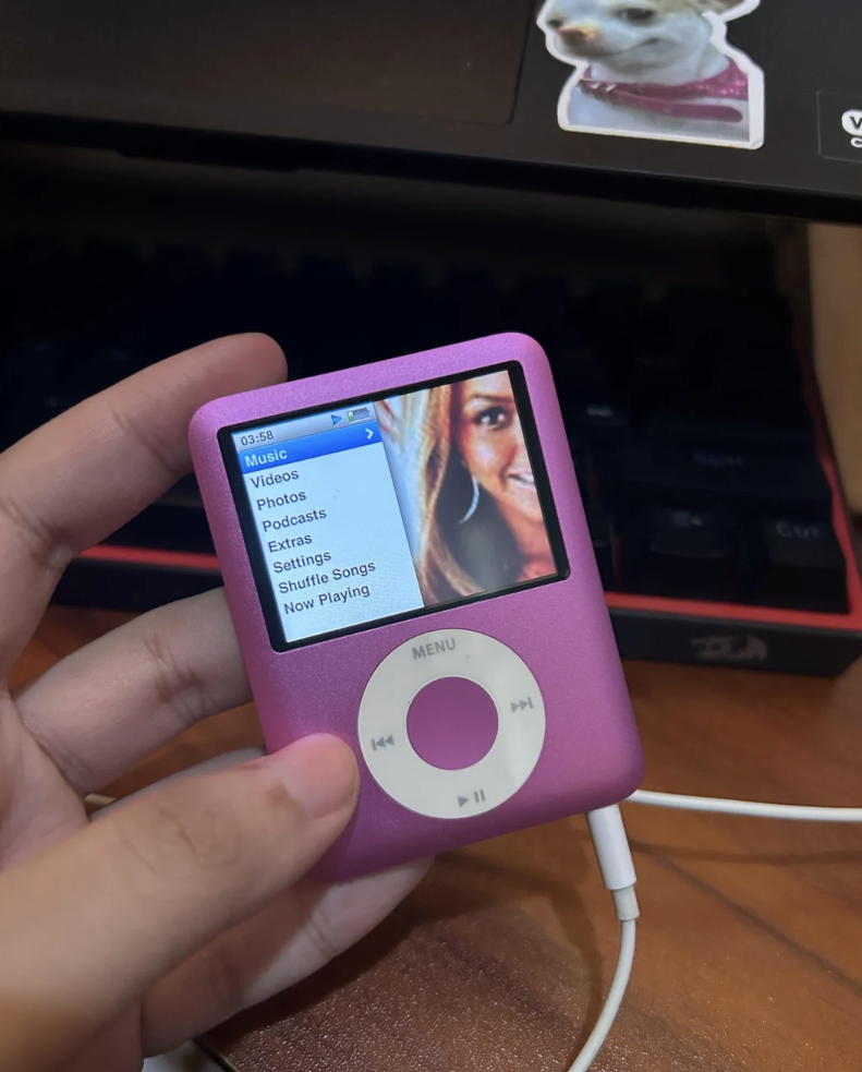 Reddit post by user jezewl showing a pink iPod with a photo. The post's title reads, "I found my ipod!"