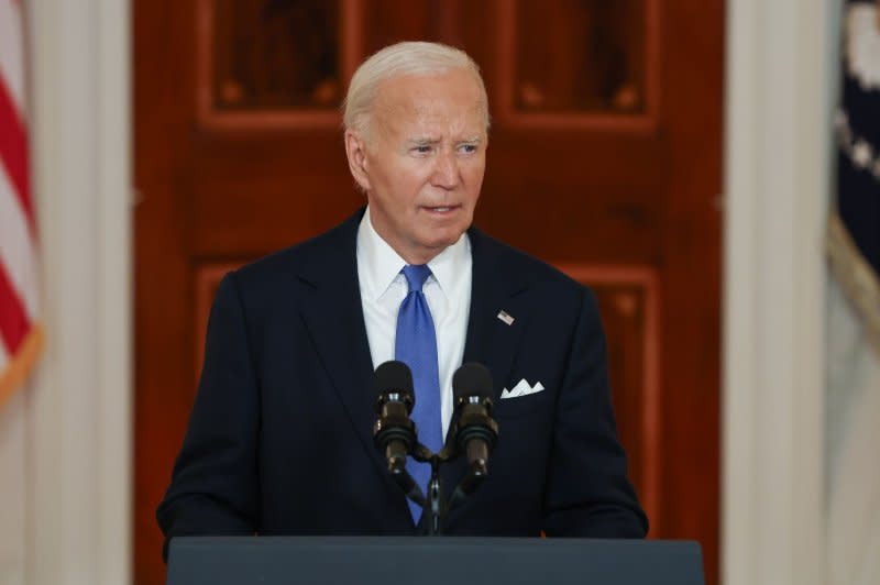 President Joe Biden responds Monday to the U.S. Supreme Court Presidential Immunity ruling for the Trump v. United States case at the White House in Washington, D.C., calling the court's decision that former President Donald Trump has some immunity for official acts a "dangerous precedent." Photo by Samuel Corum/UPI