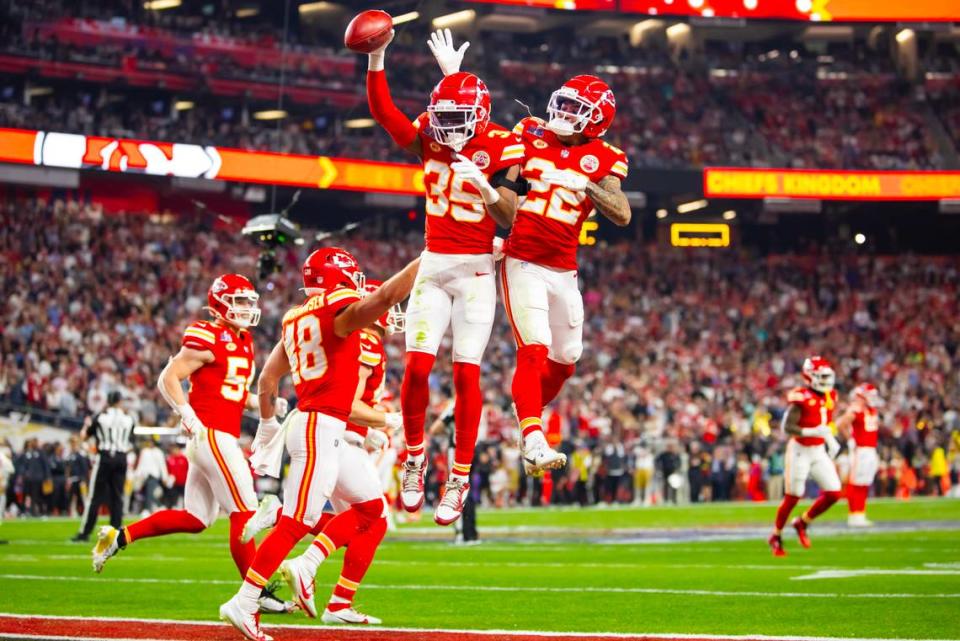 Kansas City Chiefs cornerback Jaylen Watson (35) celebrates with Trent McDuffie (22) after recovering a muffed punt against the San Francisco 49ers in the second half in Super Bowl LVIII at Allegiant Stadium on Feb. 11, 2024 in Paradise, Nevada.