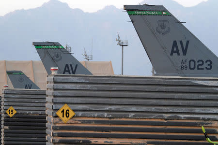 U.S. Air Force F-16 Fighting Falcon aircrafts belonging to the 555th Expeditionary Fighter Squadron sit at Bagram Airfield, Afghanistan August 22, 2017. REUTERS/Josh Smith