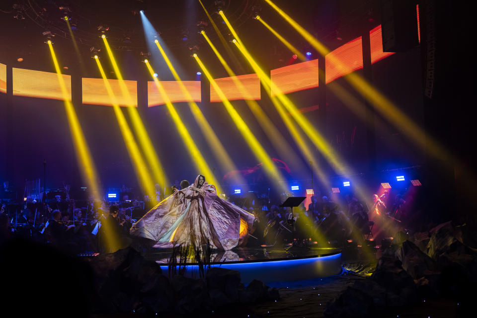 Ukrainian singer Jamala sings during the final rehearsal at the National Opera in central Kyiv on Friday, May 5, 2023. Jamala won the Eurovision Song Contest in 2016 with a song about the deportation of Crimean Tatars. Fast forward to this Eurovision week and she's launching a new album, filled with more stories about her ancestors. (AP Photo/Bernat Armangue)