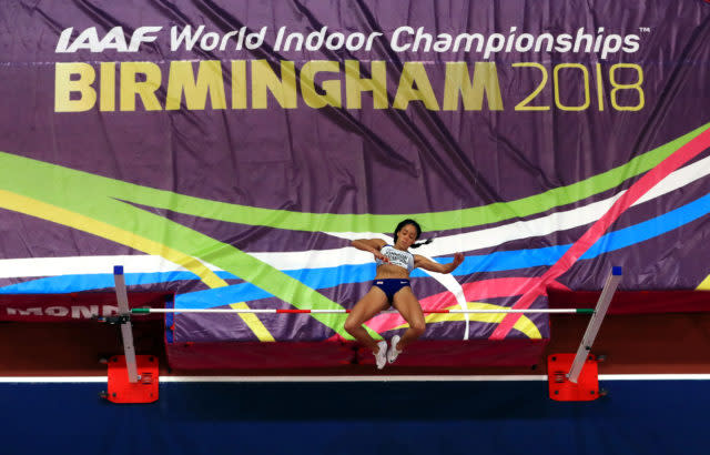 Great Britain’s Katarina Johnson-Thompson competes in the high jump as she bids for pentathlon glory at the World Indoor Championships in Birmingham. The Liverpool athlete bounced back from a tough couple of years to win gold before going on to add the Commonwealth title and European silver in the heptathlon. (Simon Cooper/PA).