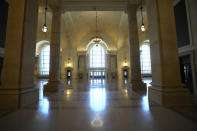 The interior of the Michigan Central Station is seen, Monday, May 13, 2024 in Detroit. A once hulking scavenger-ravaged monolith that symbolized Detroit's decline reopens this week after a massive six-year multimillion dollar renovation by Ford Motor Co., which restored the Michigan Central Station to its past grandeur with a focus squarely on the future of mobility. (AP Photo/Carlos Osorio)