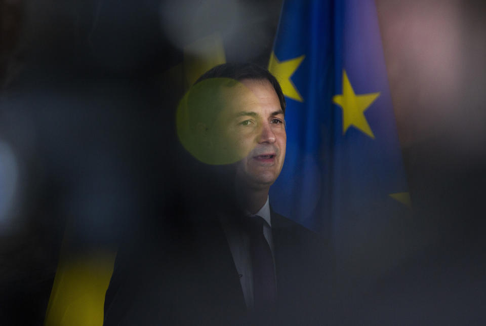 Belgian Minister of Cooperation Development and Finance, Alexander De Croo speaks during a media conference at the Egmont Palace in Brussels, Wednesday, Sept. 30, 2020. Almost 500 days after Belgian parliamentary elections, seven parties from both sides of the linguistic border have agreed on forming a fully functioning majority government that will center on dealing with the pandemic and its devastating economic impact. (AP Photo/Virginia Mayo)