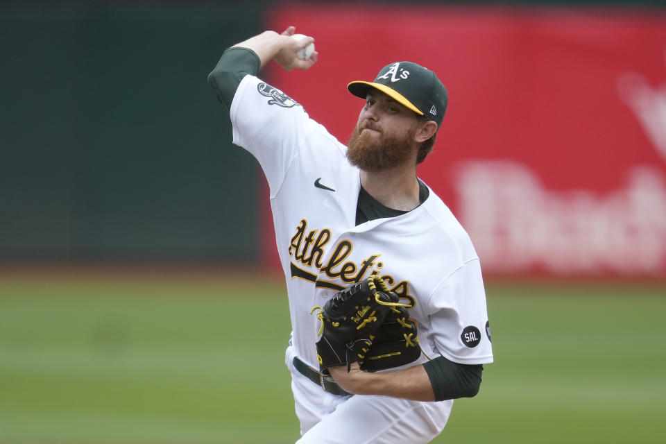 Oakland Athletics pitcher Paul Blackburn works against the Los Angeles Angels during the first inning of a baseball game in Oakland, Calif., Saturday, Sept. 2, 2023. (AP Photo/Jeff Chiu)