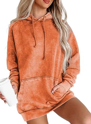 SHEWIN Hoodies for Women Casual Long Sleeve Drawstring Solid Hooded Sweatshirts Loose Lightweight Oversized Hoodie Fall Tops for Women,US 16-18(XL),Orange